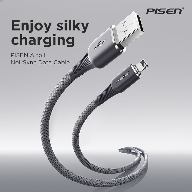 PISEN NoirSync USB-A to Lightning Cable – 12W Charging & Sync iPhone Cable, Grey (AL-FC13-1000)