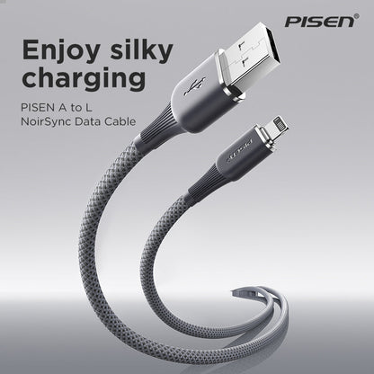 PISEN NoirSync USB-A to Lightning Cable – 12W Charging & Sync iPhone Cable, Grey (AL-FC13-1000)