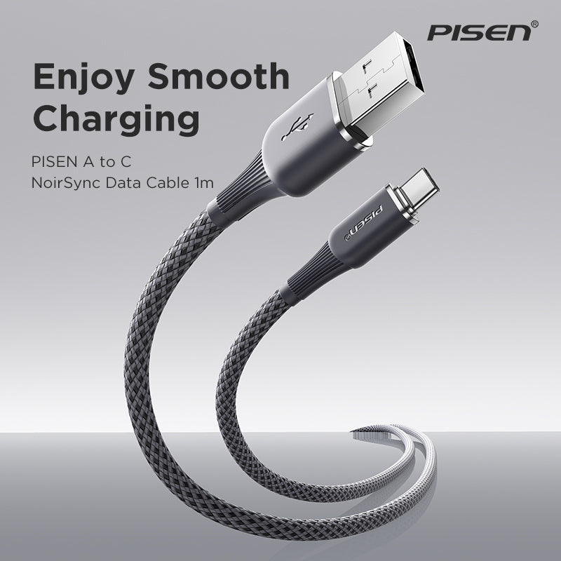 PISEN NoirSync USB-A to USB-C Cable – 12W Charging & Sync Cable, Grey (TC-FC31-1000)