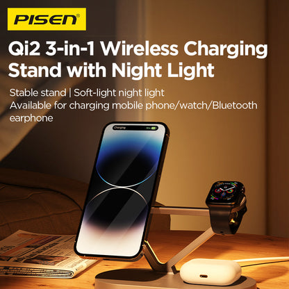 PISEN 3-in-1 Qi2 Wireless Charging Stand – MagSafe Dock with Night Light (TP-C24)