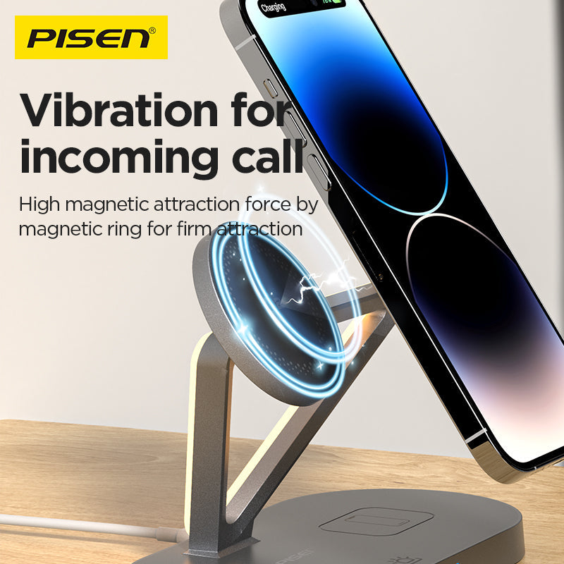 PISEN 3-in-1 Qi2 Wireless Charging Stand – MagSafe Dock with Night Light (TP-C24)