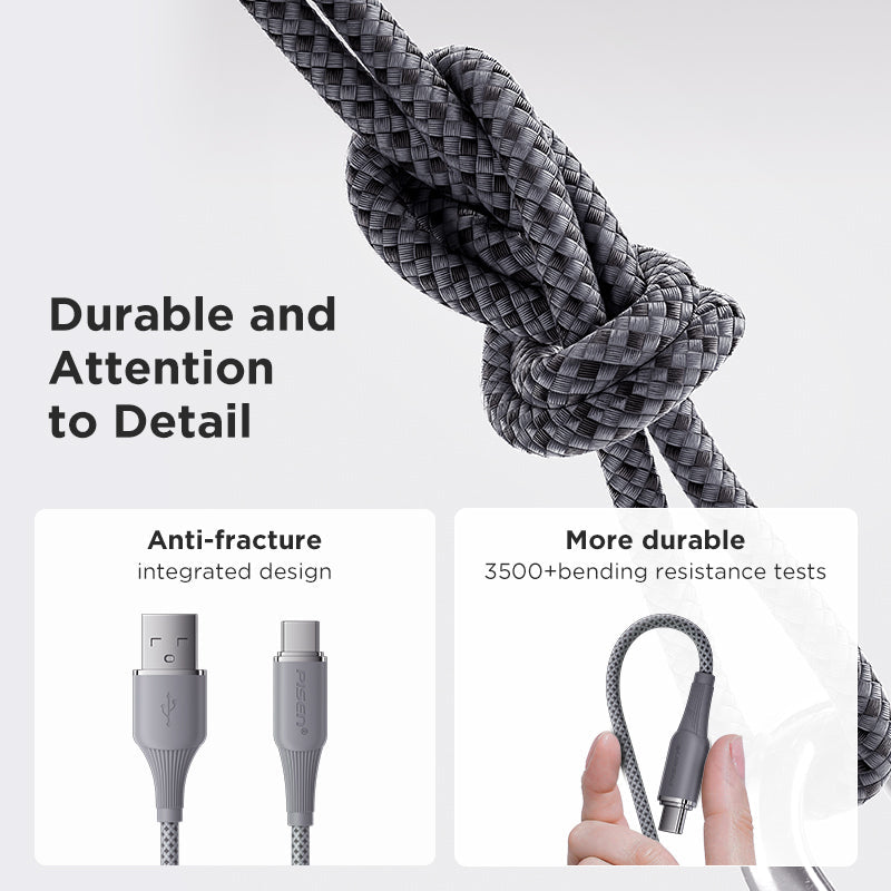PISEN NoirSync USB-A to USB-C Cable – 12W Charging & Sync Cable, Grey (TC-FC31-1000)