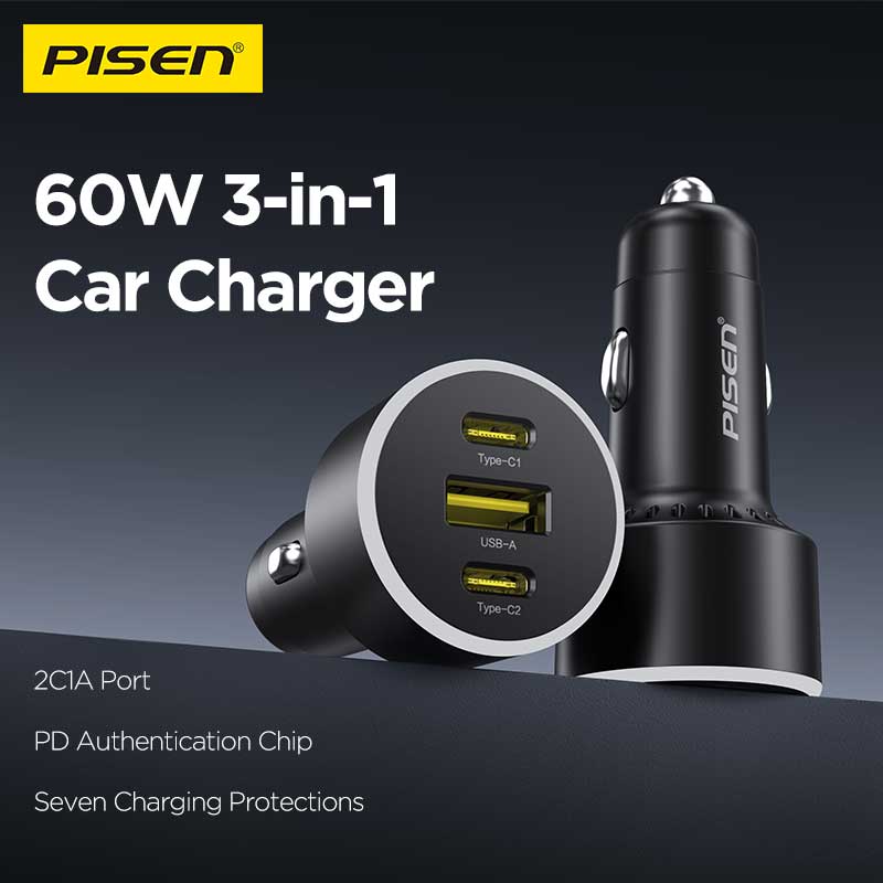 PISEN 60W Car Charger – 3-Port 2C1A Fast-Charging Adapter, Black (TP-C79)