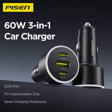 PISEN 60W Car Charger – 3-Port 2C1A Fast-Charging Adapter, Black (TP-C79)