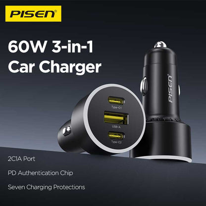 PISEN 60W Car Charger – 3-Port 2C1A Fast-Charging Adapter, Black (TP-C79)