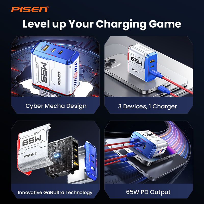 PISEN Gamer Lite 65W 3-Port GaN Fast Charger – USB-C Wall Charger for Laptops & Phones (TP-C34)