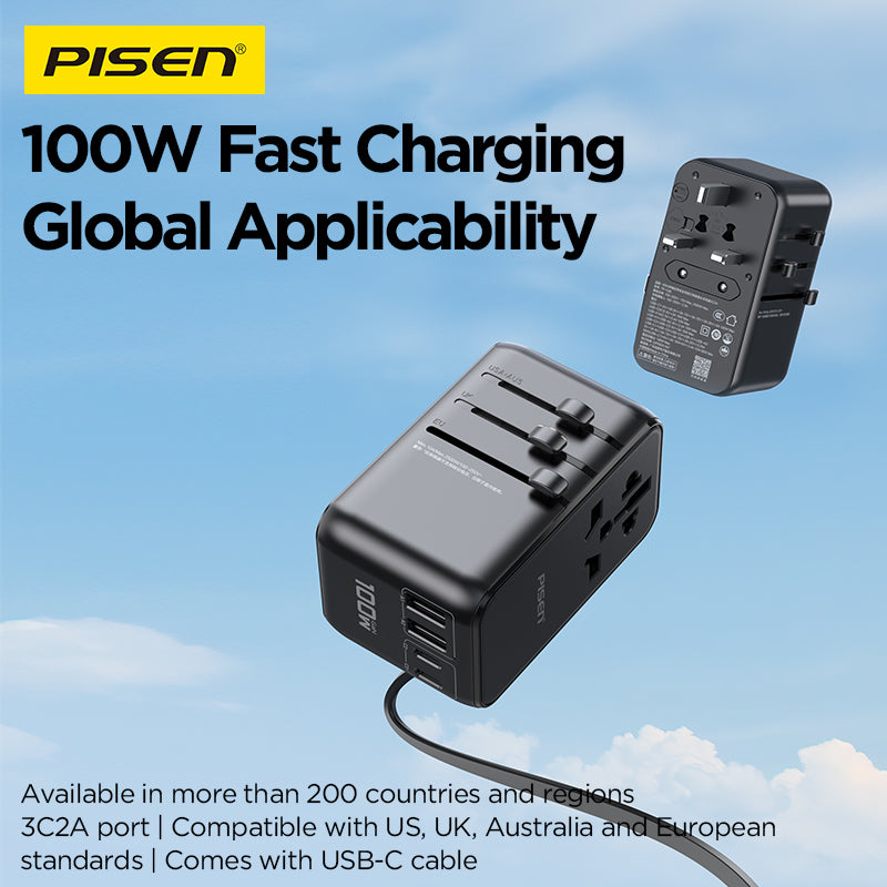 PISEN Global Travel 100W 5-Port GaN Fast Charger – Multi-Port USB-C Travel Adapter (TP-C95)