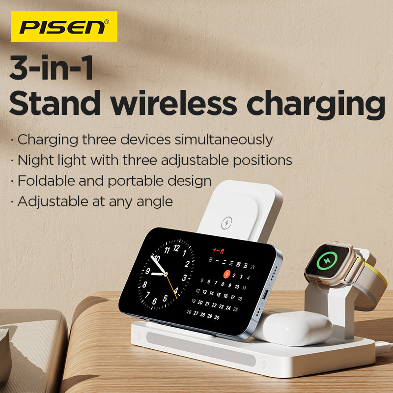 PISEN 3-in-1 Foldable Wireless Charging Station – MagSafe Dock with Night Light, White (XY-C56)