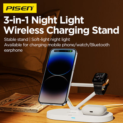 PISEN 3-in-1 Wireless Charging Stand with Night Light – MagSafe Dock for Phone, Watch & Earbuds (TP-C24)