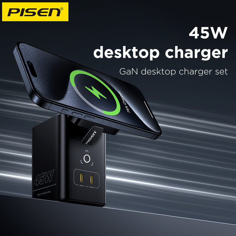 PISEN MagStation 45W GaN Desktop Charger – Magnetic Wireless & USB-C Charging Station (TP-C25)