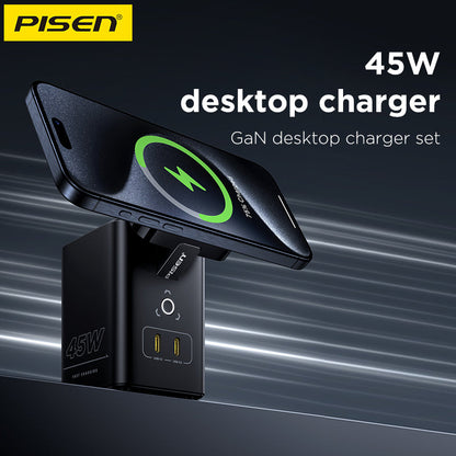 PISEN MagStation 45W GaN Desktop Charger – Magnetic Wireless & USB-C Charging Station (TP-C25)