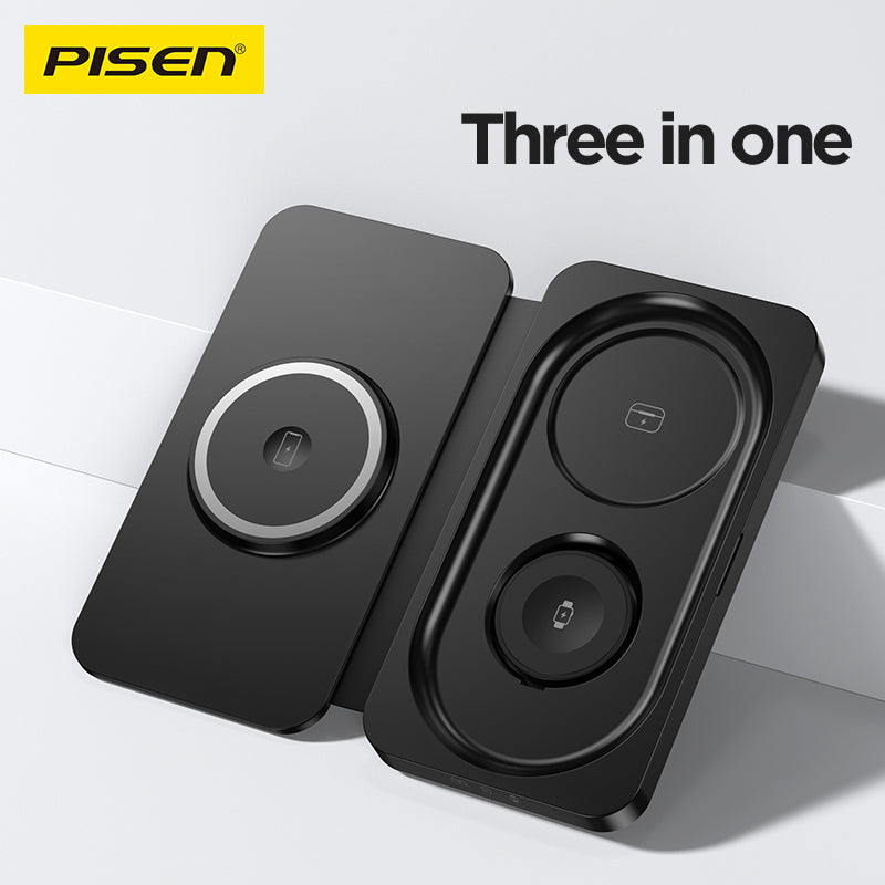 PISEN 3-in-1 Travel Magnetic Wireless Charger – Foldable MagSafe Charger for Phone, Watch & Earbuds (F6)