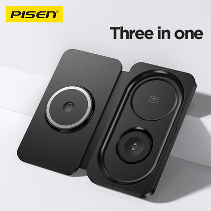 PISEN 3-in-1 Travel Magnetic Wireless Charger – Foldable MagSafe Charger for Phone, Watch & Earbuds (F6)