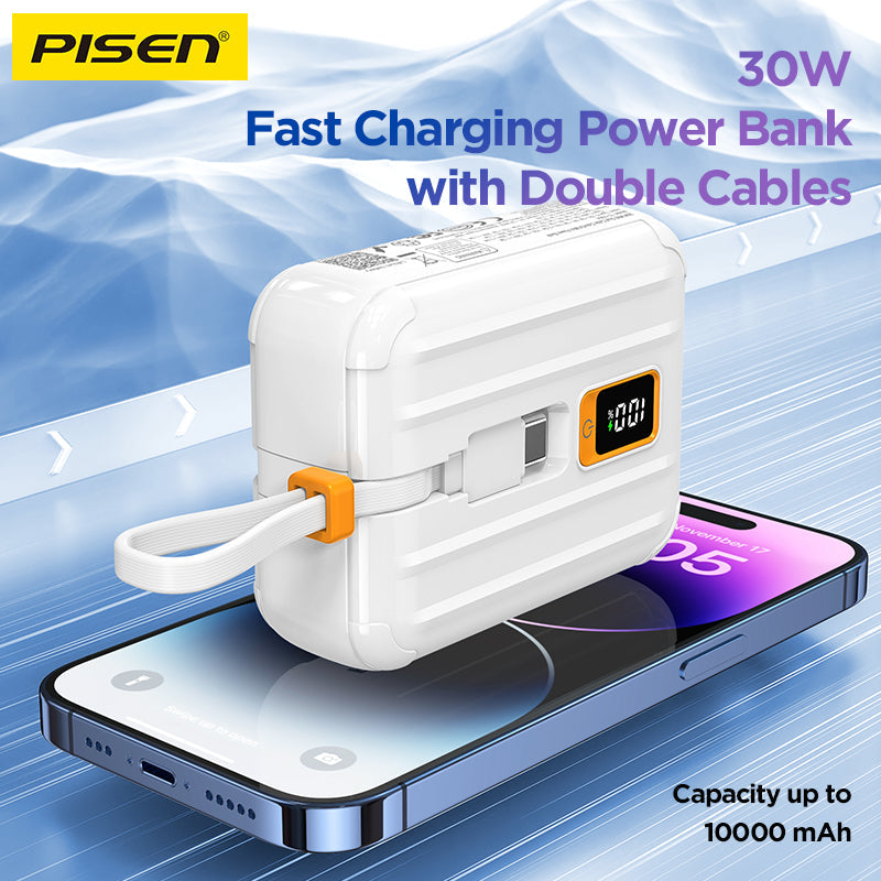 PISEN QUICK 30W Mini Power Bank 10000mAh – Fast Charger with Display & Built-In Cables (TS-D364)