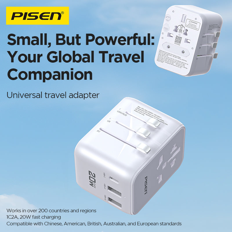 PISEN Global Travel 20W 3-Port GaN Fast Charger – Multi-Port USB-C Travel Adapter (TP-C109)