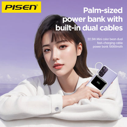 PISEN Sunny Power 22.5W Mini Power Bank 10000mAh – Compact Charger with Two Built-In Cables (TP-D096)