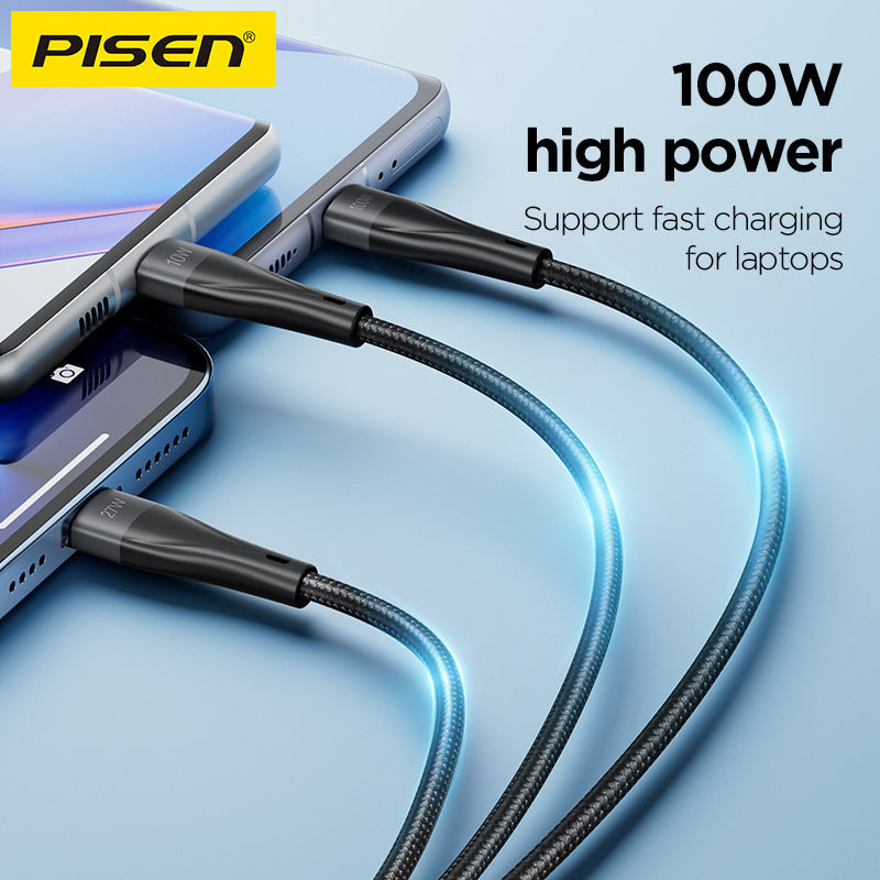 PISEN 3-in-1 Braided Charging Cable 1.2m – Lightning, USB-C & Micro Fast-Charge Cable (AP-FC15-1200)
