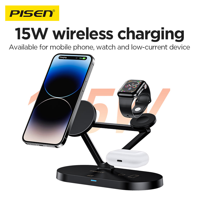 PISEN 3-in-1 Wireless Charging Stand with Night Light – MagSafe Dock for Phone, Watch & Earbuds (TP-C24)