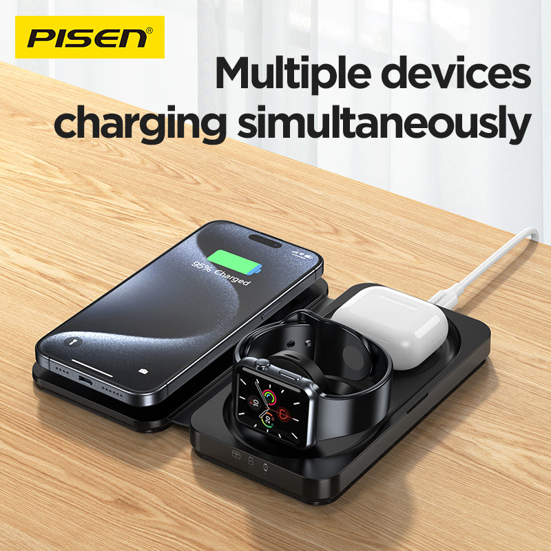 PISEN 3-in-1 Travel Magnetic Wireless Charger – Foldable MagSafe Charger for Phone, Watch & Earbuds (F6)
