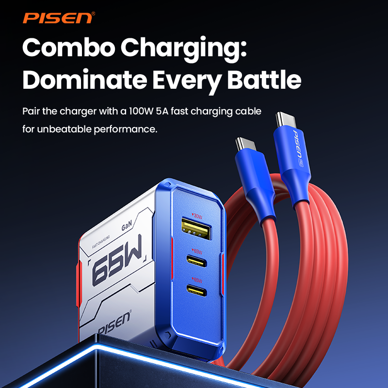 PISEN Gamer Lite 65W 3-Port GaN Fast Charger – USB-C Wall Charger for Laptops & Phones (TP-C34)