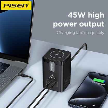 PISEN MagStation 45W GaN Desktop Charger – Magnetic Wireless & USB-C Charging Station (TP-C25)