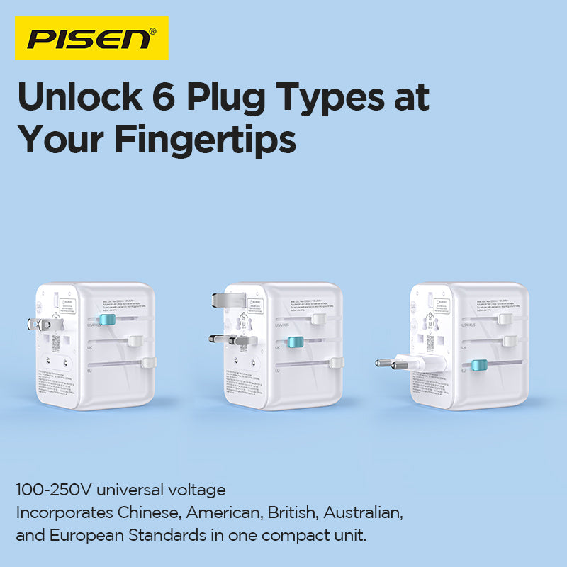 PISEN Global Travel 20W 3-Port GaN Fast Charger – Multi-Port USB-C Travel Adapter (TP-C109)
