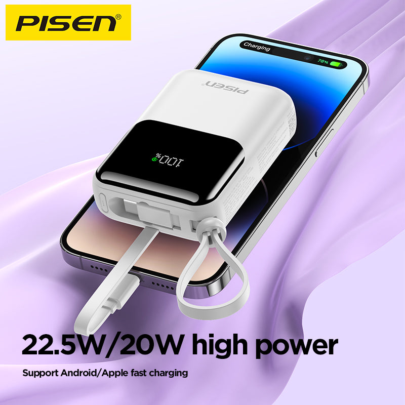 PISEN Sunny Power 22.5W Mini Power Bank 10000mAh – Compact Charger with Two Built-In Cables (TP-D096)