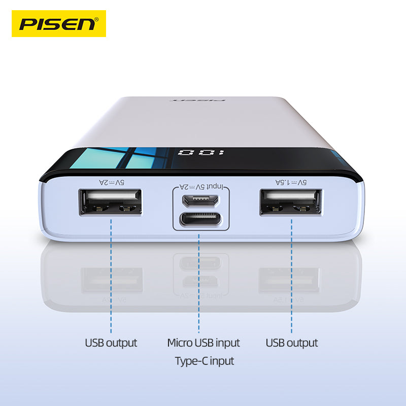 PISEN Mr White Power Station 10500mAh Power Bank – Portable Charger with Display, White (TS-D322A)