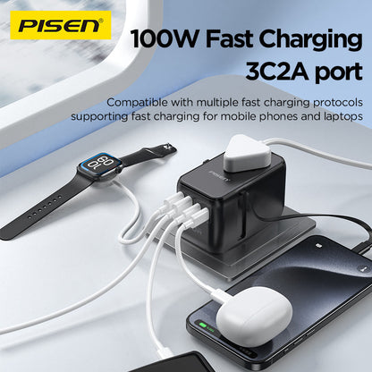PISEN Global Travel 100W 5-Port GaN Fast Charger – Multi-Port USB-C Travel Adapter (TP-C95)