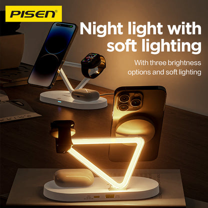 PISEN 3-in-1 Wireless Charging Stand with Night Light – MagSafe Dock for Phone, Watch & Earbuds (TP-C24)