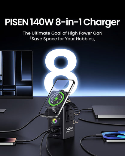 PISEN 140W GaN MagStation 8-in-1 Charging Hub – Magnetic Wireless Desktop Power Socket (KF27)