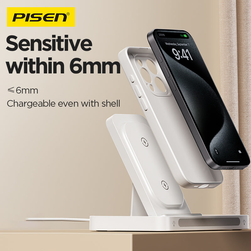 PISEN 3-in-1 Foldable Wireless Charging Station – MagSafe Dock with Night Light, White (XY-C56)