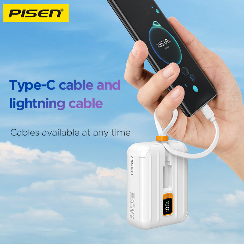 PISEN QUICK 30W Mini Power Bank 10000mAh – Fast Charger with Display & Built-In Cables (TS-D364)