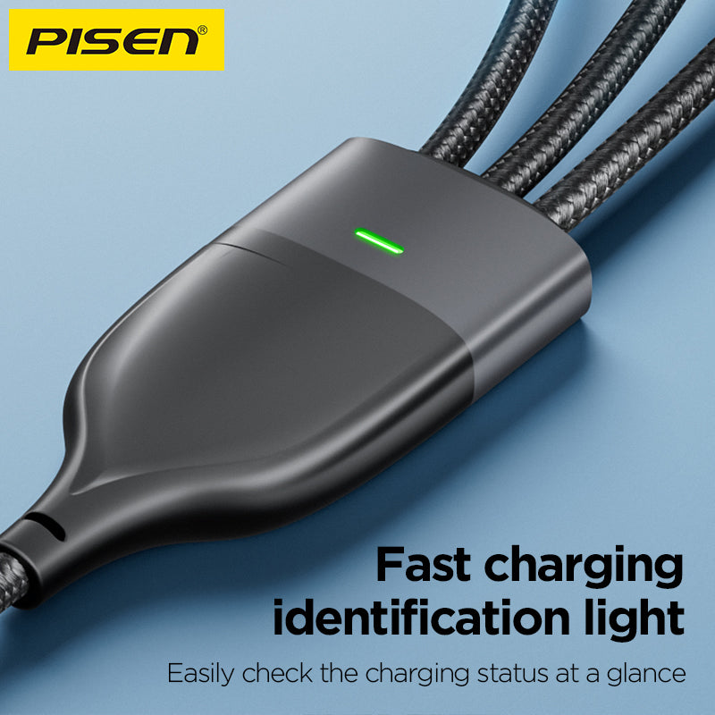 PISEN 3-in-1 Braided Charging Cable 1.2m – Lightning, USB-C & Micro Fast-Charge Cable (AP-FC15-1200)