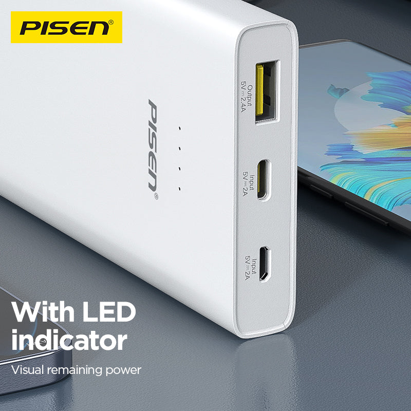 PISEN Mr White Ultra 10000mAh Power Bank – Slim Portable Charger, White (TS-D324)