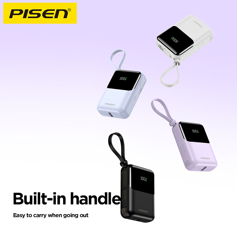 PISEN Sunny Power 22.5W Mini Power Bank 10000mAh – Compact Charger with Two Built-In Cables (TP-D096)
