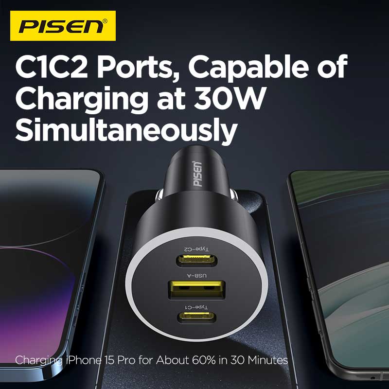 PISEN 60W Car Charger – 3-Port 2C1A Fast-Charging Adapter, Black (TP-C79)