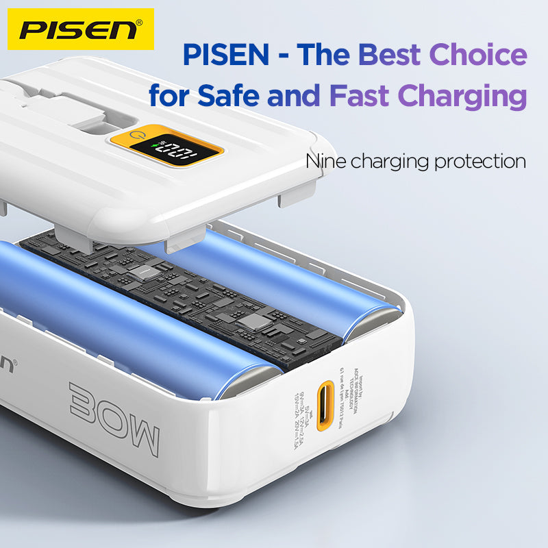 PISEN QUICK 30W Mini Power Bank 10000mAh – Fast Charger with Display & Built-In Cables (TS-D364)
