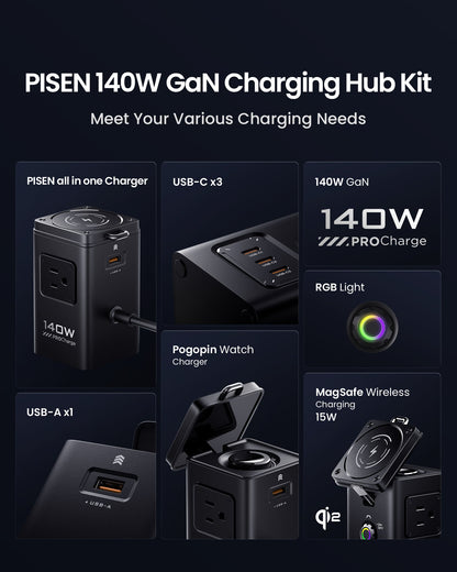 PISEN 140W GaN MagStation 8-in-1 Charging Hub – Magnetic Wireless Desktop Power Socket (KF27)