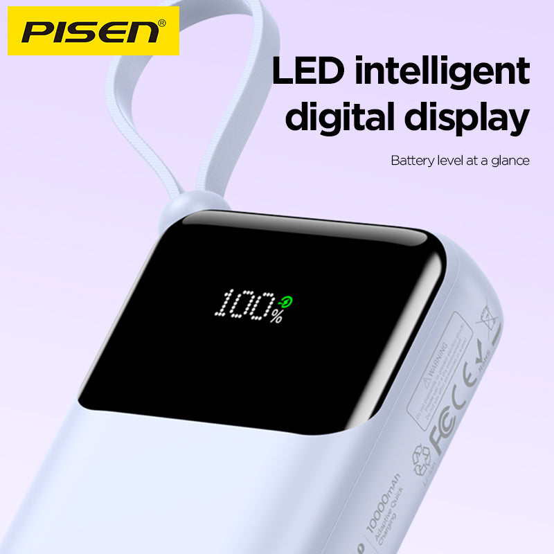PISEN Sunny Power 22.5W Mini Power Bank 10000mAh – Compact Charger with Two Built-In Cables (TP-D096)
