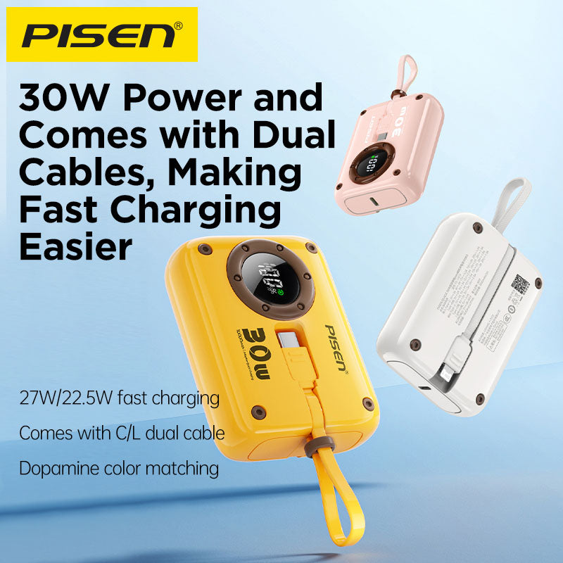 PISEN QUICK 30W Mini Power Bank with Dual Built-In Cables – Compact Fast Charger (TS-D373)