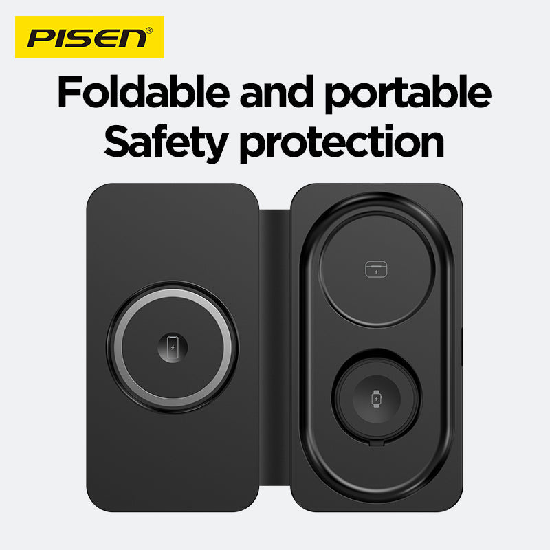 PISEN 3-in-1 Travel Magnetic Wireless Charger – Foldable MagSafe Charger for Phone, Watch & Earbuds (F6)