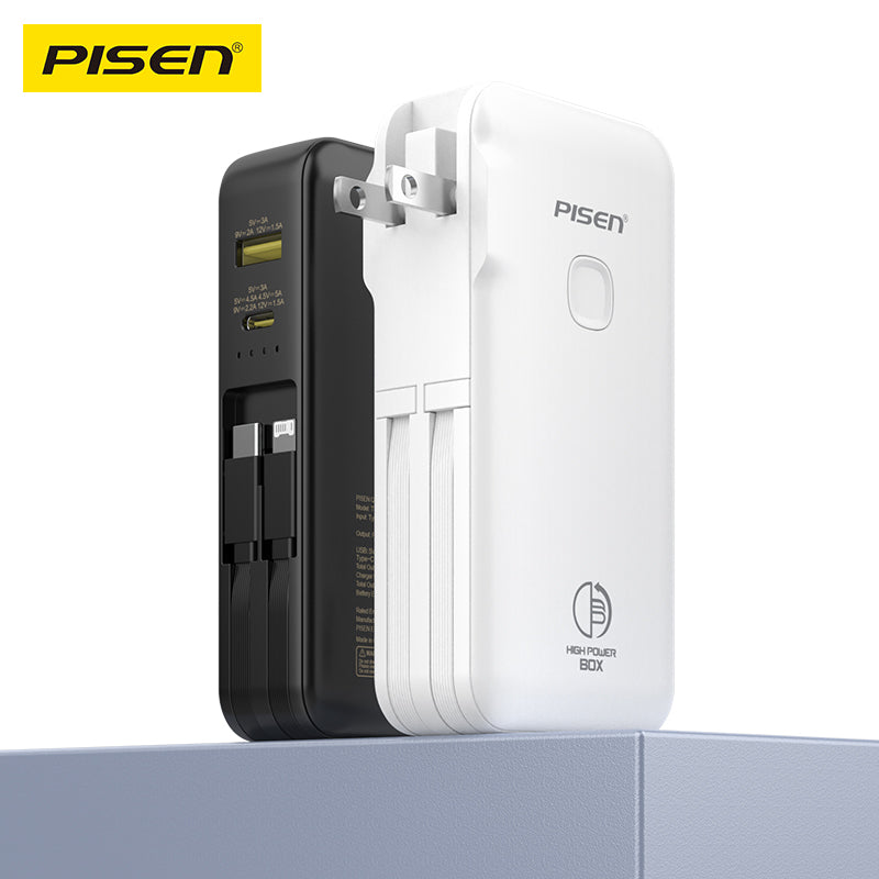 PISEN High Power Box 22.5W Power Bank 10000mAh – Fast Charger with Two Built-In Cables (TS-D312)