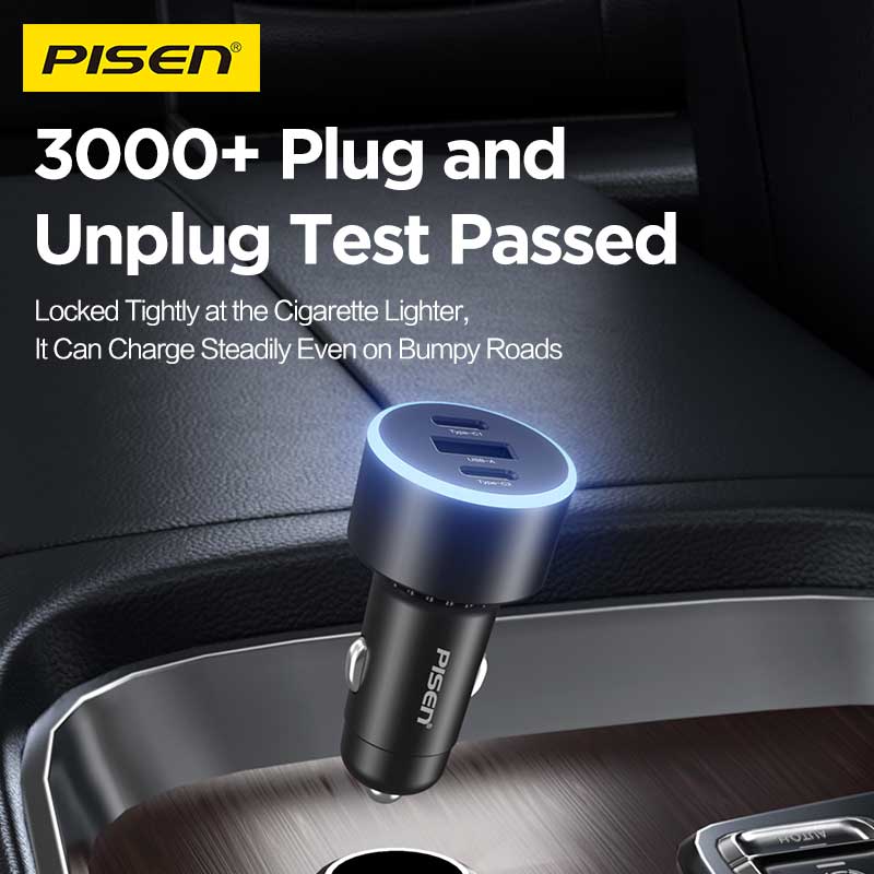 PISEN 60W Car Charger – 3-Port 2C1A Fast-Charging Adapter, Black (TP-C79)
