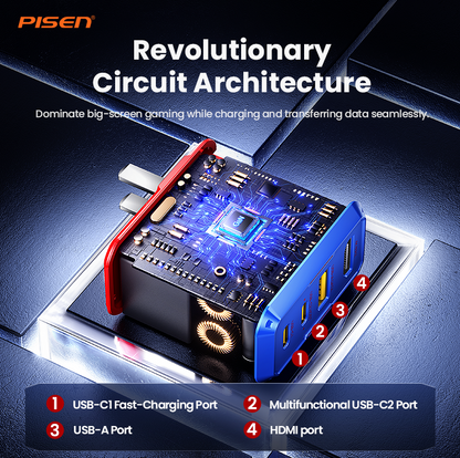 PISEN Gamer Utility 65W 4-Port GaNHub Fast Charger – USB-C Desktop Charging Station (TP-C31)