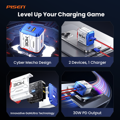 PISEN Gamer Lite 30W 2-Port GaN Fast Charger – Compact USB-C Wall Charger (TP-C33)