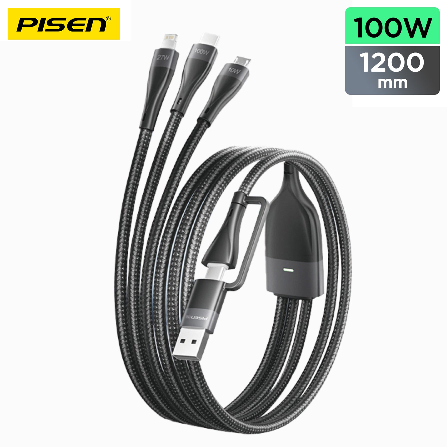 PISEN 3-in-1 Braided Charging Cable 1.2m – Lightning, USB-C & Micro Fast-Charge Cable (AP-FC15-1200)