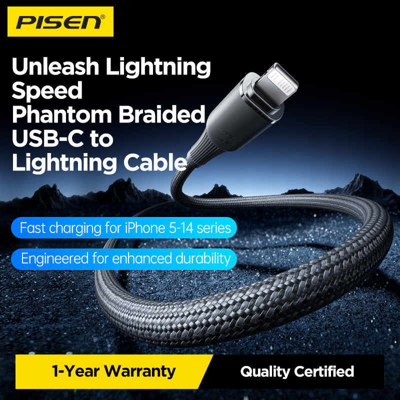 PISEN NoirSync USB-C to Lightning Cable – 27W PD Fast-Charging iPhone Cable, Grey (CL-FC16-1000)