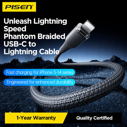 PISEN NoirSync USB-C to Lightning Cable – 27W PD Fast-Charging iPhone Cable, Grey (CL-FC16-1000)