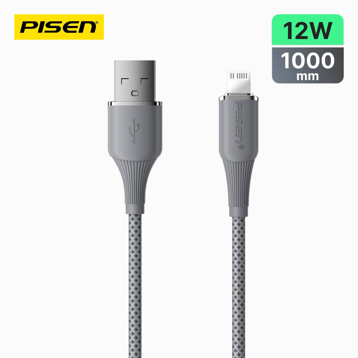 PISEN NoirSync USB-A to Lightning Cable – 12W Charging & Sync iPhone Cable, Grey (AL-FC13-1000)